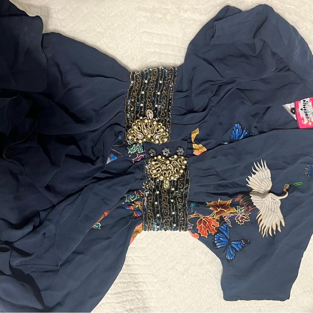 Meghan LA Dark Blue Kimono with Crane and Beaded Belt - Picture 8 of 9